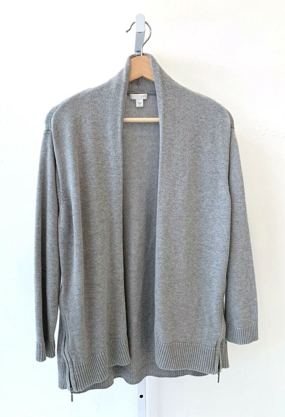 J. JILL  M Side Zipper Open Front Cardigan Sweater 3/4 Sleeve Cotton Blend Gray